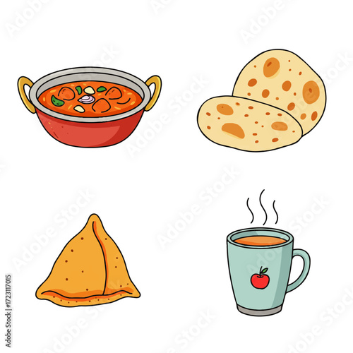 A vibrant illustrated collection of classic Indian cuisine, showcasing a complete meal with curry, flatbread, samosa, and chai