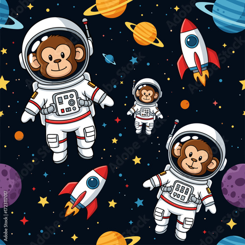 Cute cartoon monkeys in astronaut suits explore colorful outer space with rockets and planets