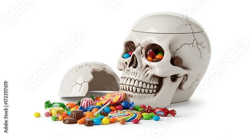 Skull-shaped candy dish overflowing with colorful Halloween treats and assorted candies
