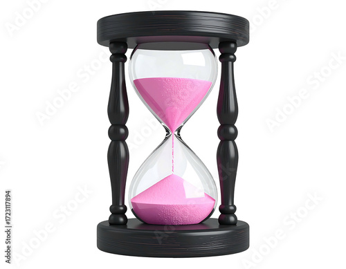 A dark wood hourglass with pink sand, showcasing a classic timekeeping device; the sand is partially in the lower bulb