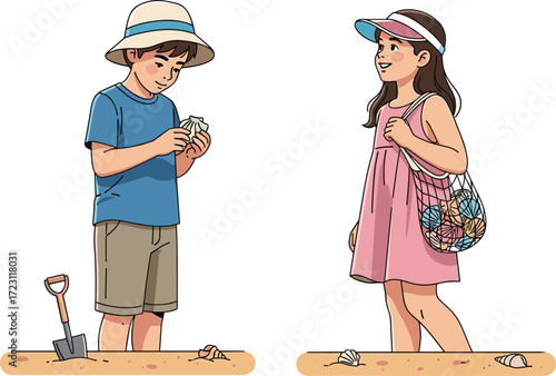 Cartoon children collecting seashells on sandy beach, boy holding shell, girl carrying bag, summer holiday activity, outdoor seaside fun illustration