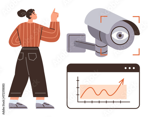 Woman pointing at a surveillance camera, red focus indicator over lens, and rising trend chart on screen. Ideal for security, technology, analytics, privacy, observation, monitoring data trends