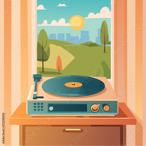 Vintage Vinyl Record on Turntable Vector Illustration