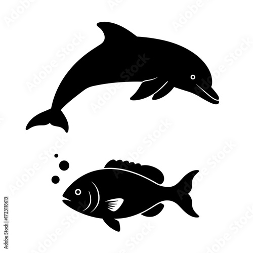 Silhouette Dolphin and Fish Underwater Vector Illustration