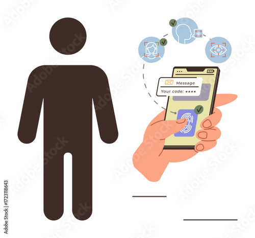Human figure near a hand holding smartphone with fingerprint scanner, verification code, face and voice icons. Ideal for authentication, security, biometric, login, technology, privacy access