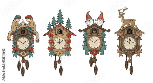 Enchanting cuckoo clocks adorned with whimsical forest friends and cozy winter scenes evoke timeless charm and festive holiday spirit