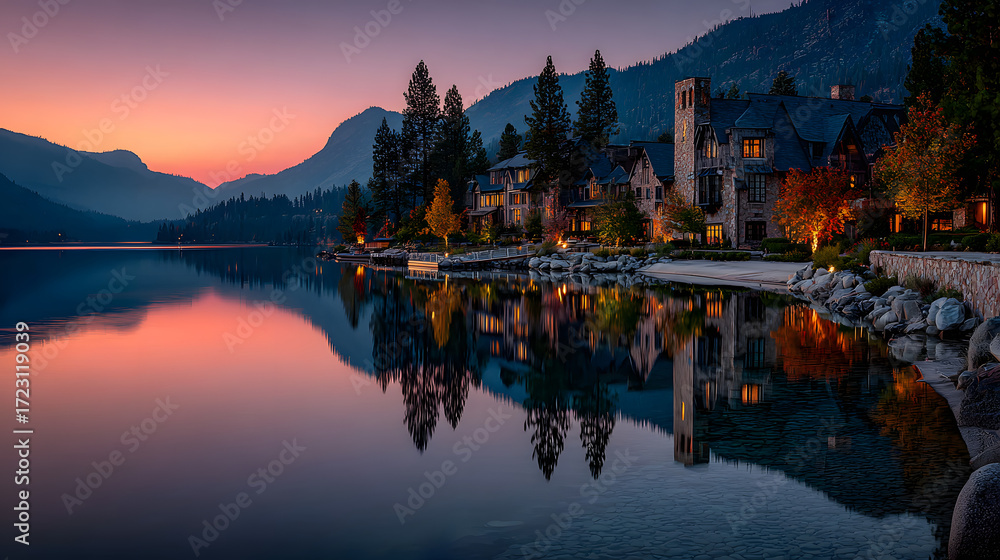 Obraz premium Serene Lakeside Village at Sunrise