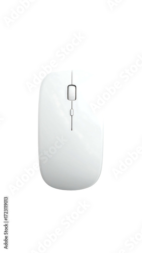 A minimalist white wireless computer mouse, subtly textured, features a single button and scroll wheel.  Its sleek, oval shape suggests portability and ease of use