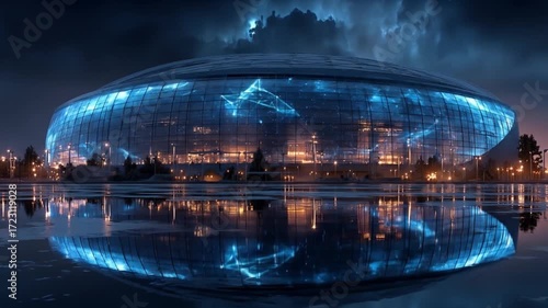 Modern stadium night reflection