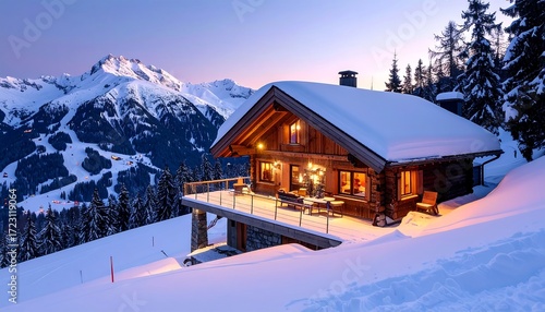 A snow-covered wooden chalet glows warmly amidst a wintry mountain landscape during twilight. Lit windows, balcony with furniture, and distant lights