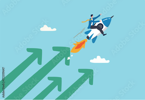 Financial growth, innovation boost profit or sales, increase investment earning or stock market rising up, growing business for success concept, businessman riding rocket booster with growth arrow. 