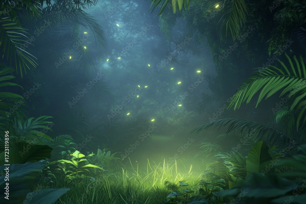Obraz premium Serene jungle clearing with glowing fireflies at twilight