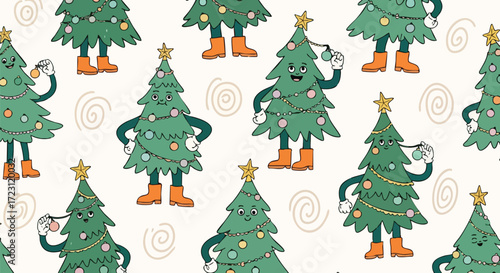 Joyful cartoon Christmas trees adorning festive ornaments creating a playful holiday pattern for seasonal celebrations