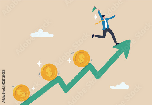 Investment growth, rising economic make money profit, earning or saving, wealth increase, income or growing revenue concept, businessman leading investment dollar money coin up on rising graph arrow