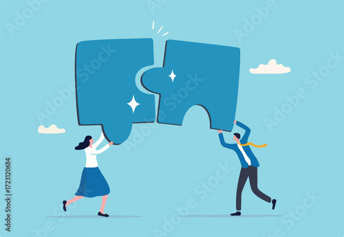 Partnership working together for success, friendship or connection to help solve problem, teamwork or unity to cooperate and overcome challenge, businessman and woman partner connect jigsaw puzzle