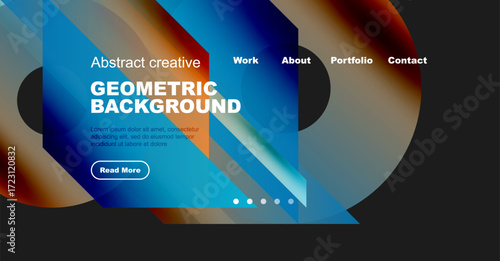 Bright website mockup displays geometric design. Text highlights work, about, portfolio, contact options. Button invites further exploration.