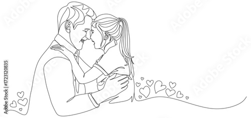 One line art illustration of a father embracing his daughter with love and joy. They smile face to face, symbolizing warmth, care, and strong family connection