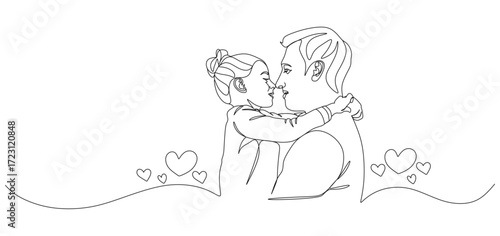 One line art illustration of a father lovingly holding his daughter. The child hugs her dad with their faces close together, showing affection and bonding. Heart shapes decorate around them