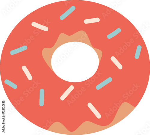 A simplified illustration of a pink frosted donut with sprinkles