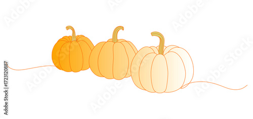 Vector illustration of three pumpkins in different shades of orange arranged side by side. The simple line art and flat color design highlight autumn, harvest, Thanksgiving, and Halloween themes