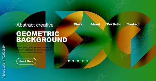 Abstract website design features vibrant green, blue shapes. Text details work, about, portfolio, contact options. Button invites further exploration.