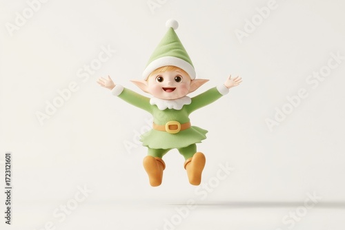 Festive holiday elf in green attire jumping with joy for celebrations