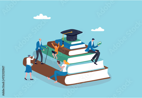 Lifelong learning, self study to motivate and improve skill development, continue learn new knowledge for life long concept, people in different age reading new books and study online on book stacked.