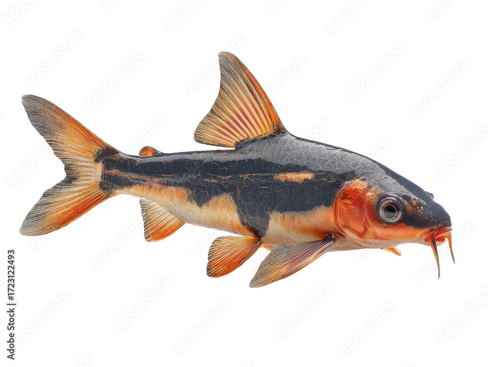 Obraz premium Elegant clown loach on isolated transparent background, a striking freshwater fish