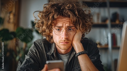 Young freelancer anxiously checking banking app in home office indoor environment emotional content concerned viewpoint about finances