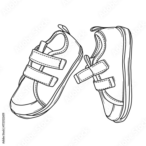 A simple line drawing of two childrens sneakers with double velcro straps, presented from a side view.