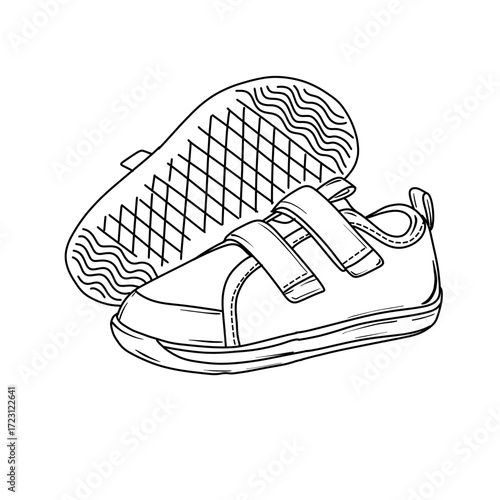 Pair of childrens sneakers with hook and loop fasteners, line art illustration.