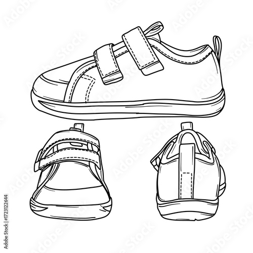 A black and white line art illustration showing a childs sneaker from the side, front, and back views. The shoe features two velcro straps for easy fastening.