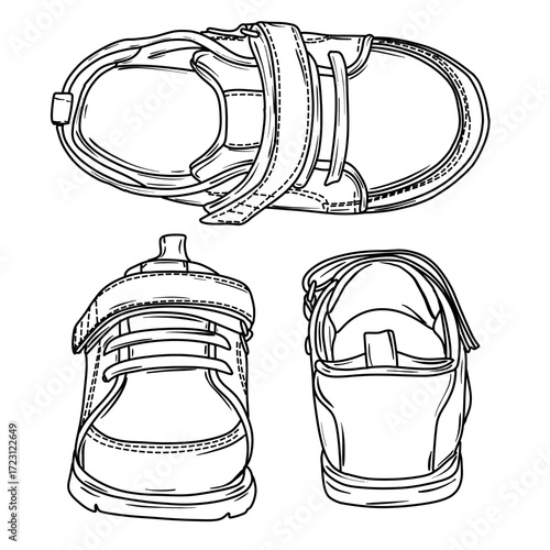 Line art drawing of childrens shoes with velcro straps, top, side and profile views shown