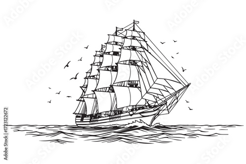 Vintage sailing ship illustration with full sails and birds in flight
