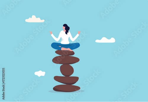 Mindfulness meditation to balance work and life, mental health healing with relaxing yoga, enjoy freedom, peace and solitude concept, calm peaceful woman meditate sitting on stack of zen rock pyramid