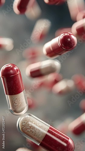 Red and yellow Pills falls on air. Herb capsule Nutritional Supplement Vitamin Herbal Medicine on and capsules with fish oil omega 3 gel healthy life concept
