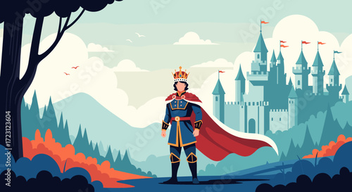 A brave young prince stands proudly before his majestic castle overlooking a vibrant forest landscape under a cloudy sky.