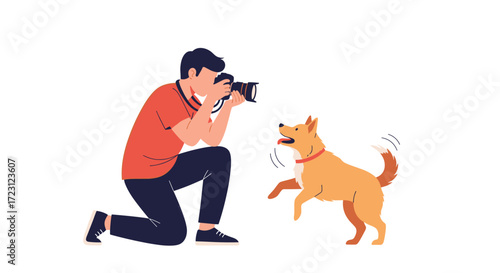 A photographer kneels down to take a picture of a playful dog jumping in excitement on a white background.