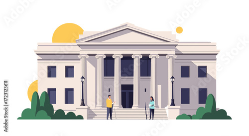 People standing in front of a neoclassical building with columns and a pediment.