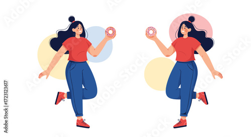 Two cheerful young women in red tops and blue pants holding donuts and dancing with colorful circles behind them.