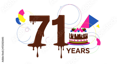 A festive celebration of seventy one years with a delicious chocolate cake and colorful decorations.