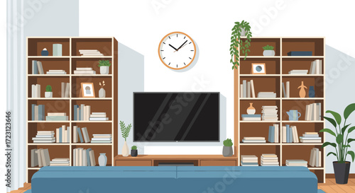 Cozy living room with bookshelves and a television.