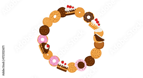 A circular arrangement of various sweet baked treats including donuts cakes and cookies.