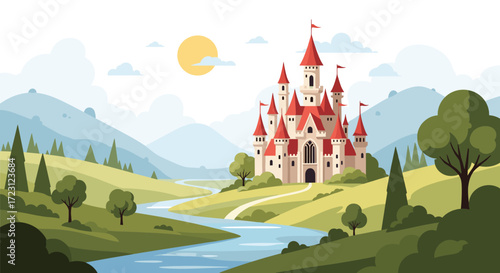 A beautiful red-roofed castle sits on a hill beside a winding river under a bright sun.