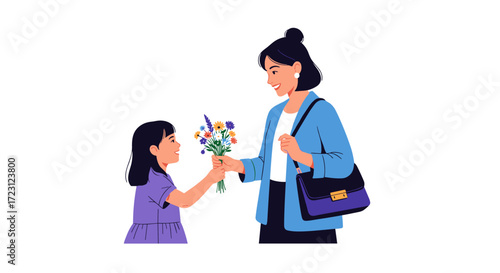A sweet moment between a mother and daughter where the child gives her mother flowers.