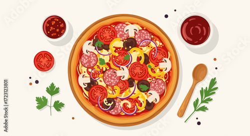 A delicious fresh pizza topped with pepperoni mushrooms onions and tomatoes.
