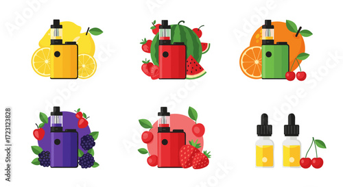 Colorful assortment of fruit flavored electronic cigarette pods and e-liquids.