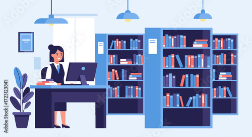 A woman works at a computer in a modern library surrounded by bookshelves and plants.