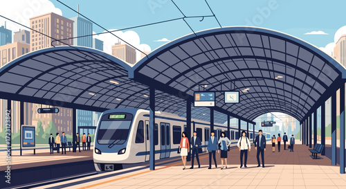 People waiting for a train at a modern urban train station platform with a city skyline in the background.