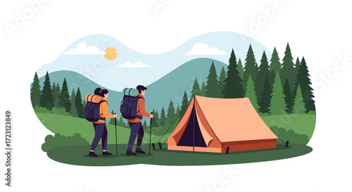 Two hikers with large backpacks approach a cozy tent set up in a lush green mountain landscape with pine trees under a bright sun.
